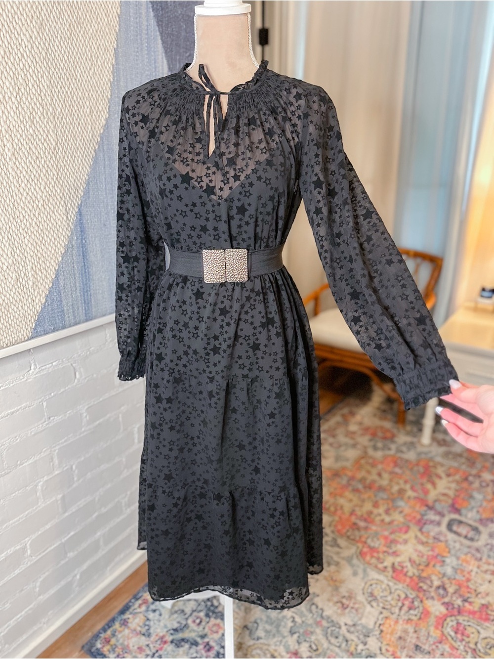 NWT Loft Black Long Sleeve Velvet Star Print Dress